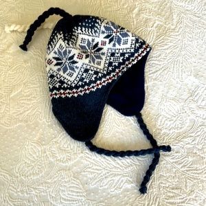 Fleece Lined Nordic Tie-On Winter Beanie with Ear Warmers - Navy Blue Snowflake